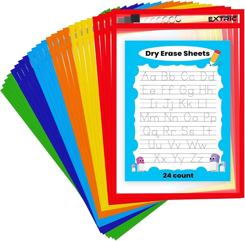 EXTRIC 24 Pack Dry-Erase Sheets, Clear Plastic Paper Sleeves, Assorted Color, 10x16 inches, 24 Pieces - Image 1